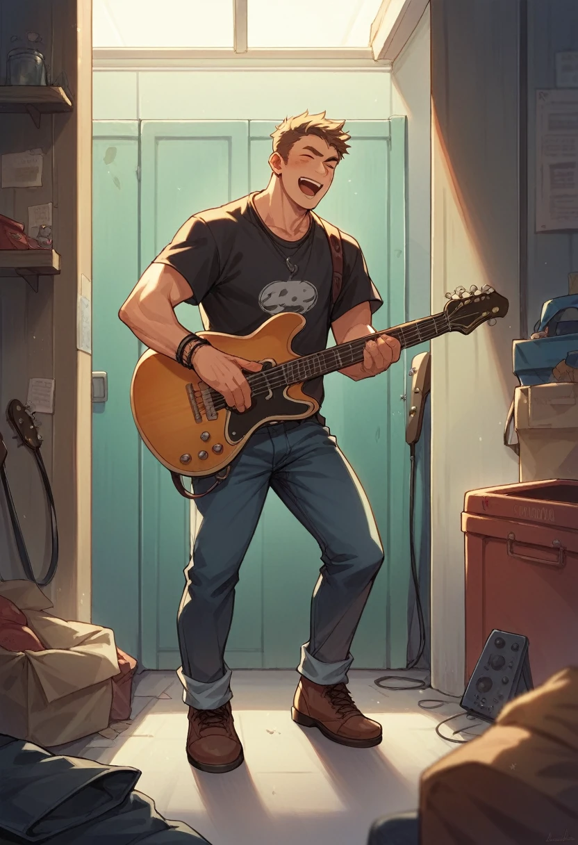 Man playing guitar singing in a garage