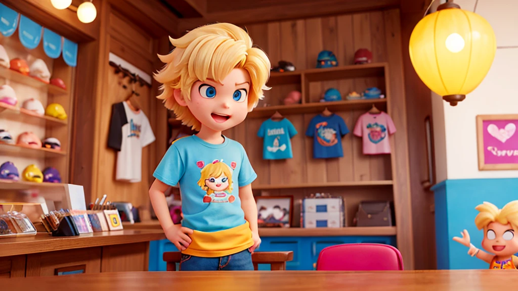 A super cute blond rocker boy with big hair, serving inside a t-shirt store, in Disney Pixar style with vibrant and cheerful colors
