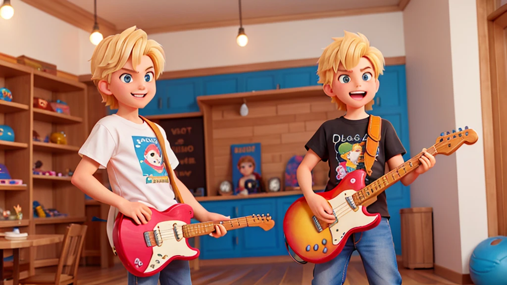 A super cute blond rocker boy with big hair, serving inside a t-shirt store, in Disney Pixar style with vibrant and cheerful colors