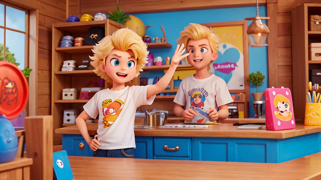 A super cute blond rocker boy with big hair, serving inside a t-shirt store, in Disney Pixar style with vibrant and cheerful colors