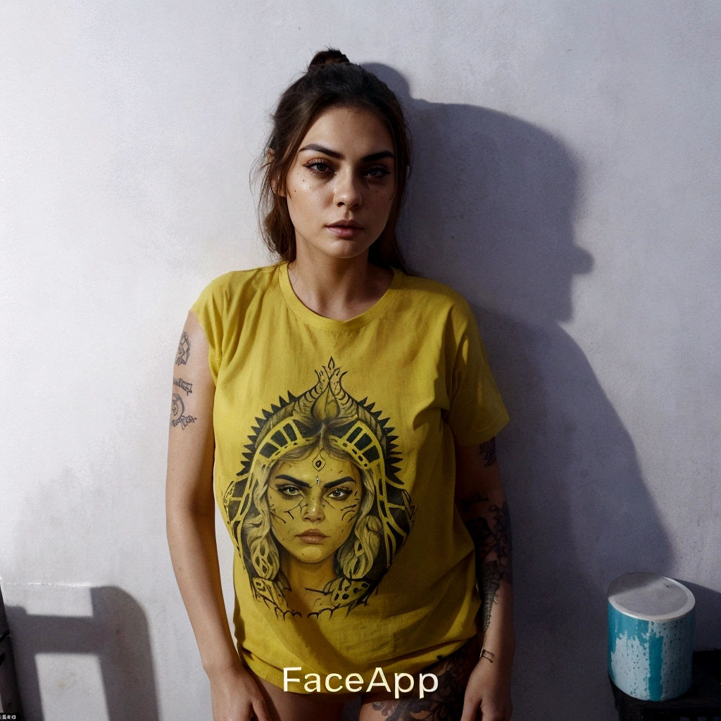 There is a woman standing in front of a wall in a yellow shirt, face photo, with precise face, cara con artgram, the drinker does it, beautiful face, cara sexy, with facial tattoo, very very very beautiful face, face photo, ugly appearance, attractive face, Detailed dress and face, fierce appearance, full face portrait