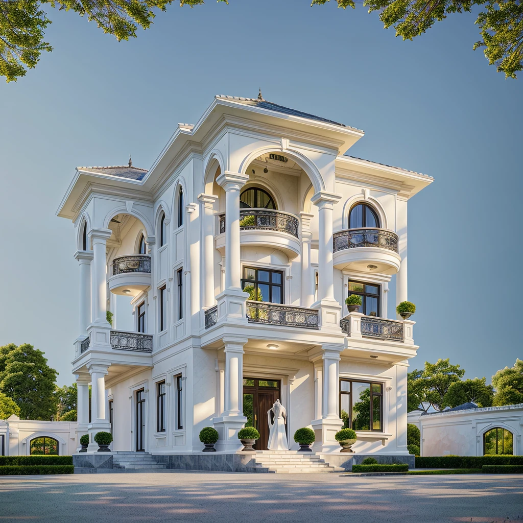 arafed white house with a large lawn and a couple standing in front of it, neo - classical style, exterior design, inter dimensional villa, architectural visualization, classicism style, overall architectural design, classicism artstyle, neoclassical style, classical style, realistic architecture, luxury architecture, neo - classical, neo-classical, stunning grand architecture, exquisite architecture