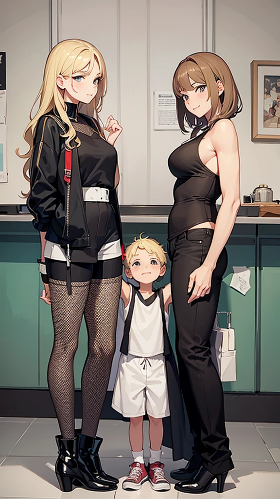 two sexy women looking down at boy with blonde hair and shorts, women touch behind of boy's head, women have flirtatious smiles