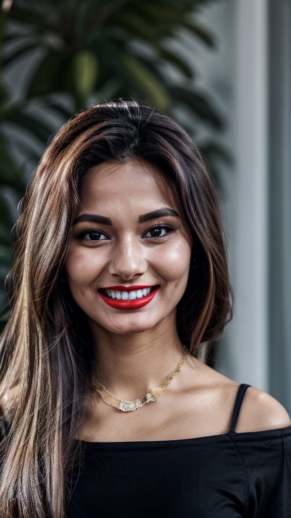 image of a girl in dubai realistic image of a 20 year old girl, solo, red lipstick, red lips glossy, long black hair, beatiful breasts, looking at viewer, blonde hair, bare shoulders, black eyes, jewelry, full body, necklace, off shoulder, short blue blouse, lips, realistic, nose, flirting with camera, masterpies, smiling face with dimple