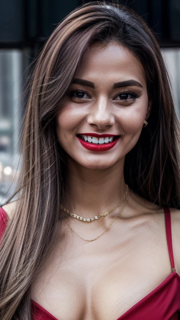 image of a girl in dubai realistic image of a 20 year old girl, solo, red lipstick, red lips glossy, long black hair, beatiful breasts, looking at viewer, blonde hair, bare shoulders, black eyes, jewelry, full body, necklace, off shoulder, short blue blouse, lips, realistic, nose, flirting with camera, masterpies, smiling face with dimple