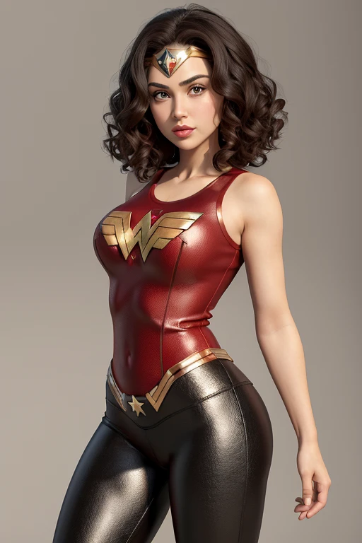 charachter , disney pixar style, 3d, very short, short dark brown curly hair, light brown skin color, honey-colored eyes,with thick legs, thinner arms,black leggings with wonder woman emblem, Red shirt, White sneakers, White background, 8 k quality