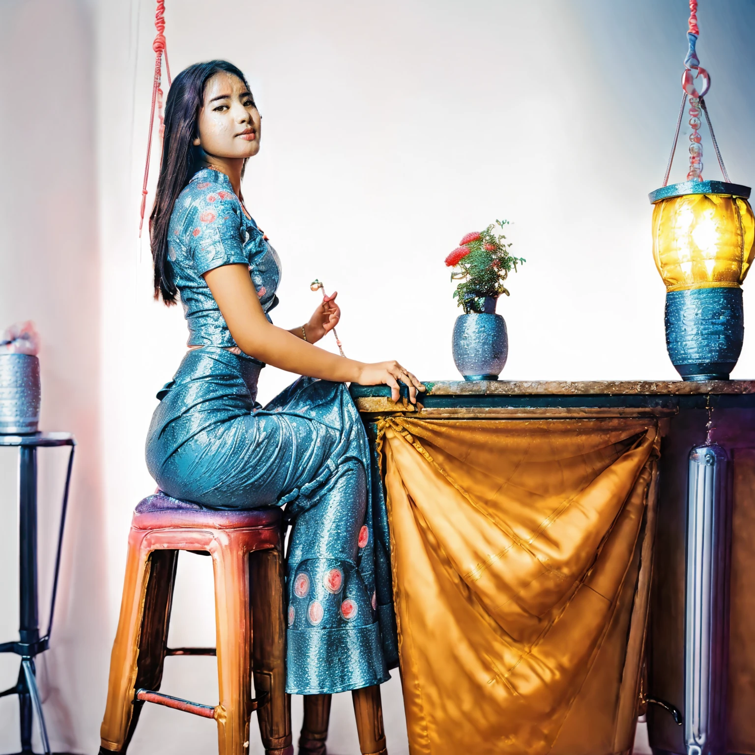 Burmese beautiful woman, 1 girl, solo, pretty lady MoonLay, innocent cute smile, red lips, (stylishly sitting on a stool and seductively gazing to the sky pose:2), portrait of modern darna, smooth face skin, traditional beauty, cinematic portrait glow lighting, traditional dress, (white shirt:1.3), (red skirt:1.3), high heel, (full body view:2), (background vibrant colorful hanging laterns:1.5), (cinematic bokeh blur background:1.5), cinematic lighting, perfect anatomy,