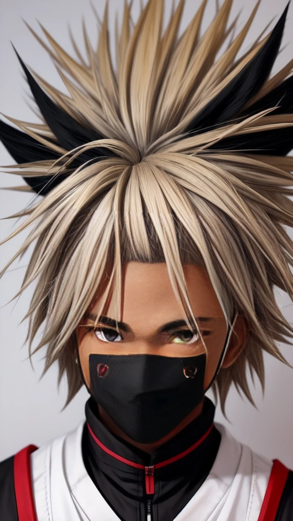 Black man with blonde hair, gray eyes, uses a black vata with drawings of red akatsuki clouds