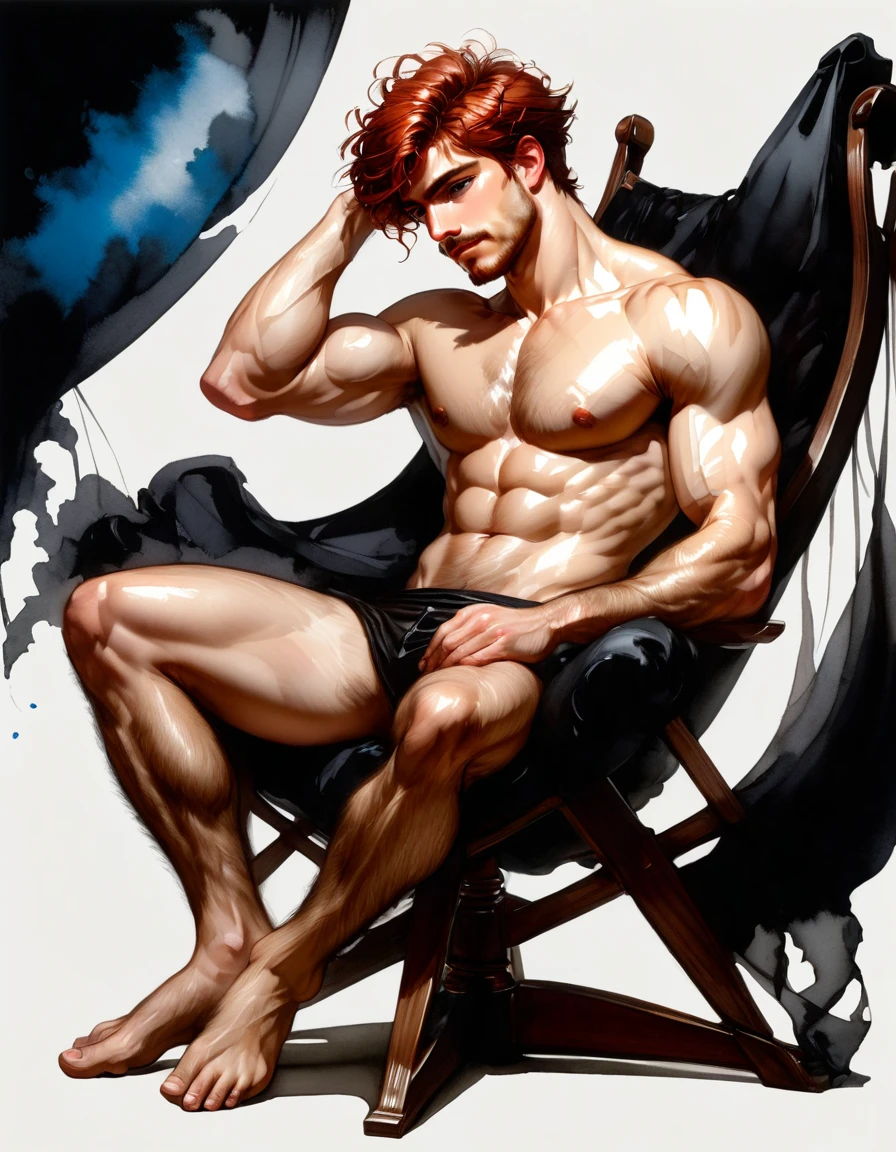 sitting on a chair with his  feet resting on  the chair without touching the floor In the iconic art style of joaquin sorolla an henry scott tukei, ((1 man wearing small black loincloth, sitt on a chair with his feet on the chair in a complete negative black space, smiling, focused gaze)) in henry scott tuke and Peter Paul Rubens art style, ultra detailed, ultra realistic, ambient lighting, becoming the subject composition, soft neutral colors, perfect components layout, divine proportions, wide angle, fullbody, in henry scott tuke art style, ultradetailed, ultrarealistic, 8k resolution, HD, a red head, hairy, slighly hairy body, slender, detailed eyes, detailed feet, detailed nose, detailed lips, detailed chin, detailed ears, detailed muscles, blue eyes, shirtless, barefoot, handsome, masculine, detailed feet, detailed hands, gorgeous, young man he is sad, sitting on a ultra detailed barroque chair, typing on a laptop, masterpiece, pricewinner, madoka_magica ((background black negative space)
