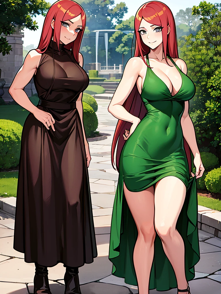 uzumaki_kushina, large_breasts, standing, solo, kushina_green_dress, cleavage, obscene, sucking fingers,masterpiece, best quality, detailed face, detailed eyes, highres, smile, (masterpiece:1.4, best quality:1.2), (Highres), (Detailed Illustration), Ultra-Detailed, konohagakure, uzumaki_kushina, kushina_green_dress, standing straight, looking in front,