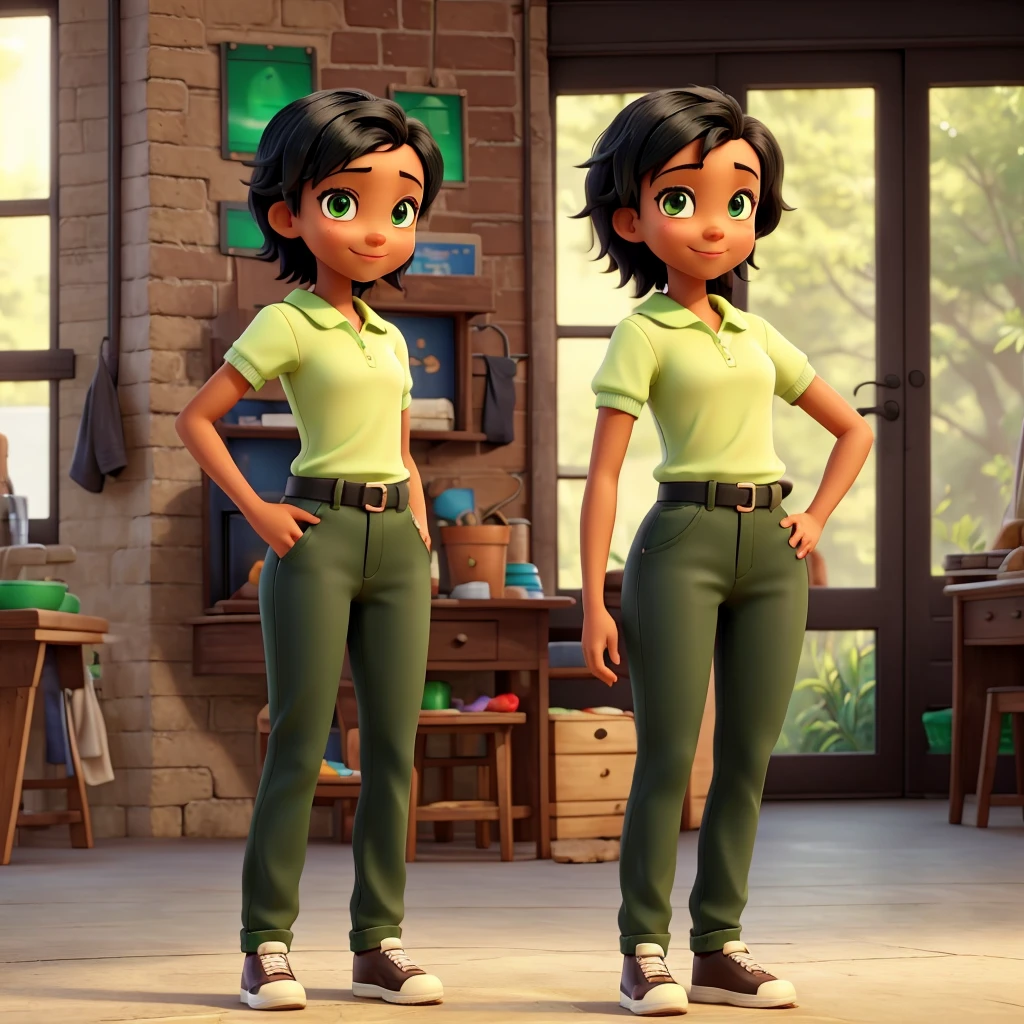girl light skin green eyes smiling short black hair, standing with hands on waist