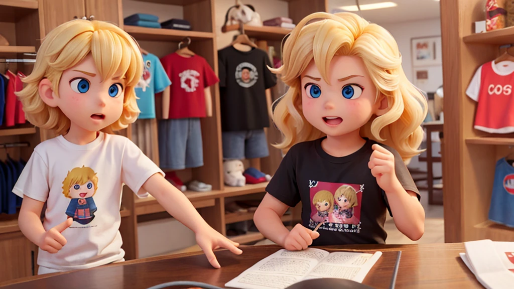 A super cute blond rocker boy with big hair, inside a t-shirt store