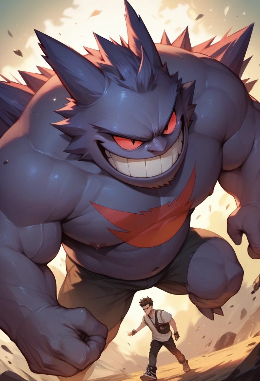 Boy with short hair and beard with a Gengar (de Pokemon)
