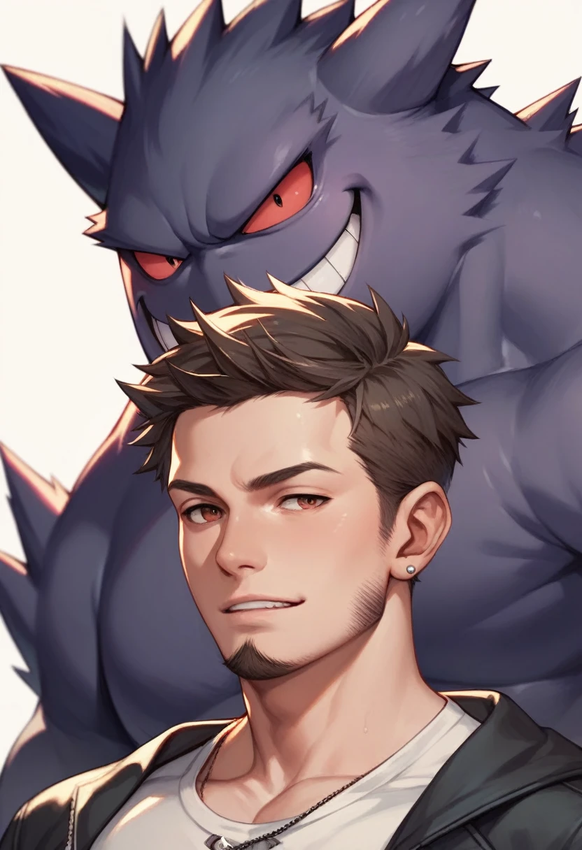 Boy with short hair and beard with a Gengar (de Pokemon)