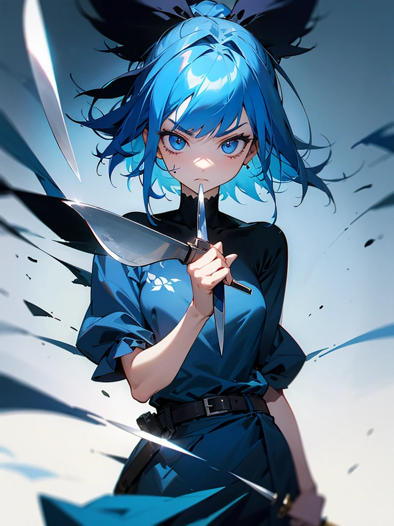 Girl, Blue Hair, Holding Knife, Serious Face