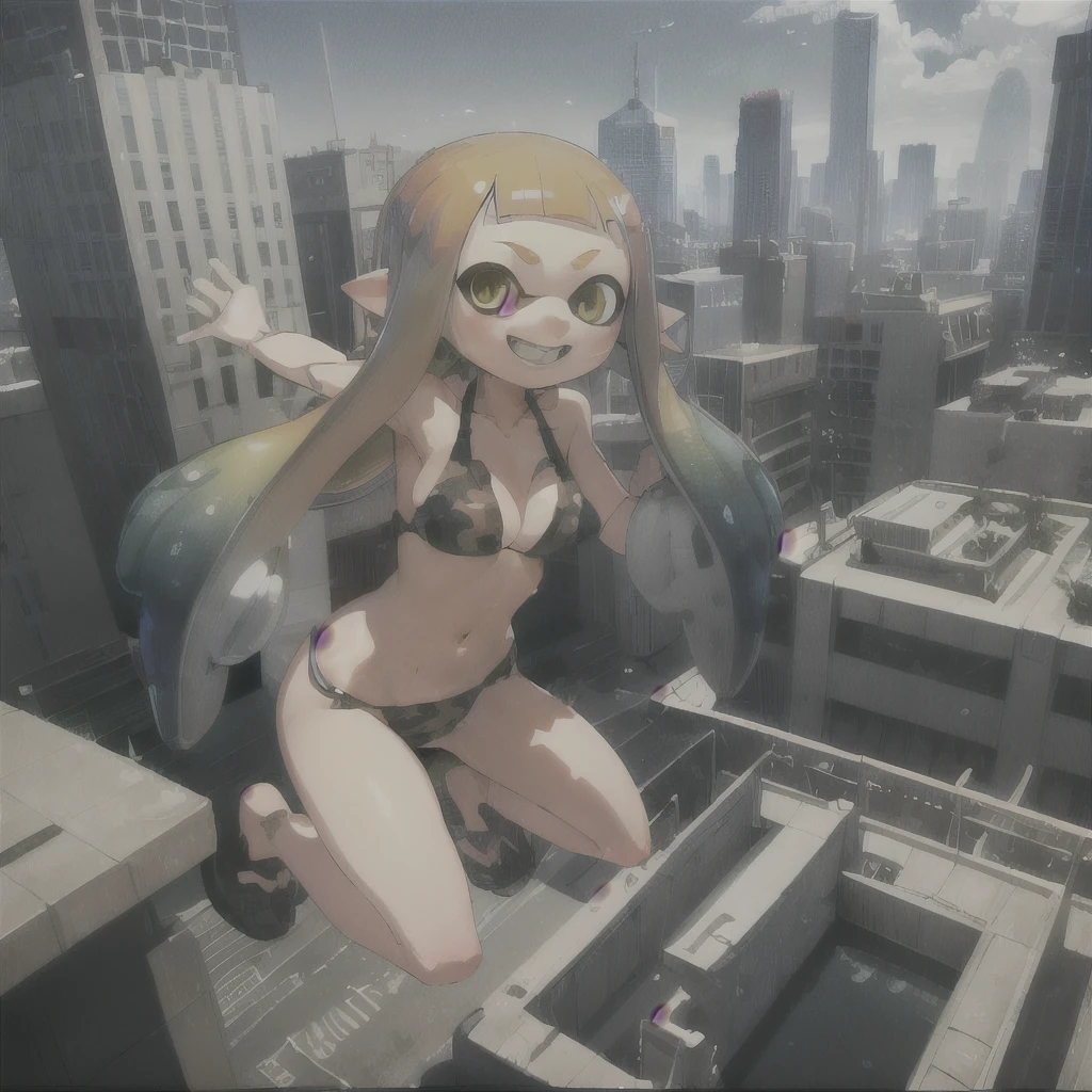 Highest quality, Detail View, High resolution、Official Art、aerial photograph、Real Anime、3d、Splatoon Girl on the Skyscraper Observatory, Are standing、Happy, Golden Eyes、Beautiful Face、smile, A slightly thinner face、Detailed facial depiction、Prism Gradient Tentacle Hair、Miniature cityscape、Skyscraper rooftop、Outdoor、Skyscrapers look small、Big Breasts、Cleavage、Camouflage Bikini, Parkour、Jump off a building、Dynamic poses with a sense of movement、Colorful air