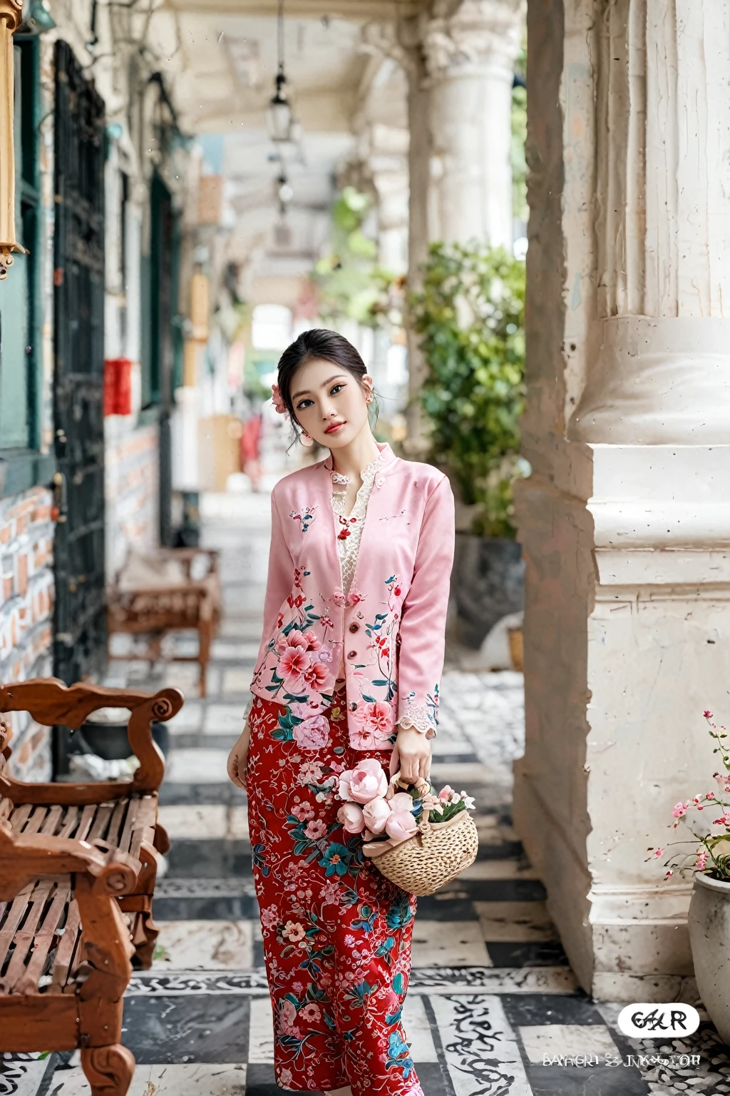 身穿粉色Malaysia娘惹传统衣服，Malaysia，Traditional clothing, Traditional Clothing， Traditional Nyonya clothing, , Traditional Beauty, Wearing a pink floral coat, Wearing gorgeous lace clothes, 1.【Three View】whole body，Generate three views，First front view Second side view，Third rear view
2.【style】泡泡玛特style3.【Subject Description】Girl IP characters，Beautiful bright big eyes，Exquisite features，
4.【Material】Entity Model，Blind Box Toys，Smooth and delicate，3D dyeing，OC Rendering，glowing body，Soft Light，Clean background，Borderless，8K，HD，Super noise reduction，Highest quality，Super high quality home 5.【size】--ar 16:9