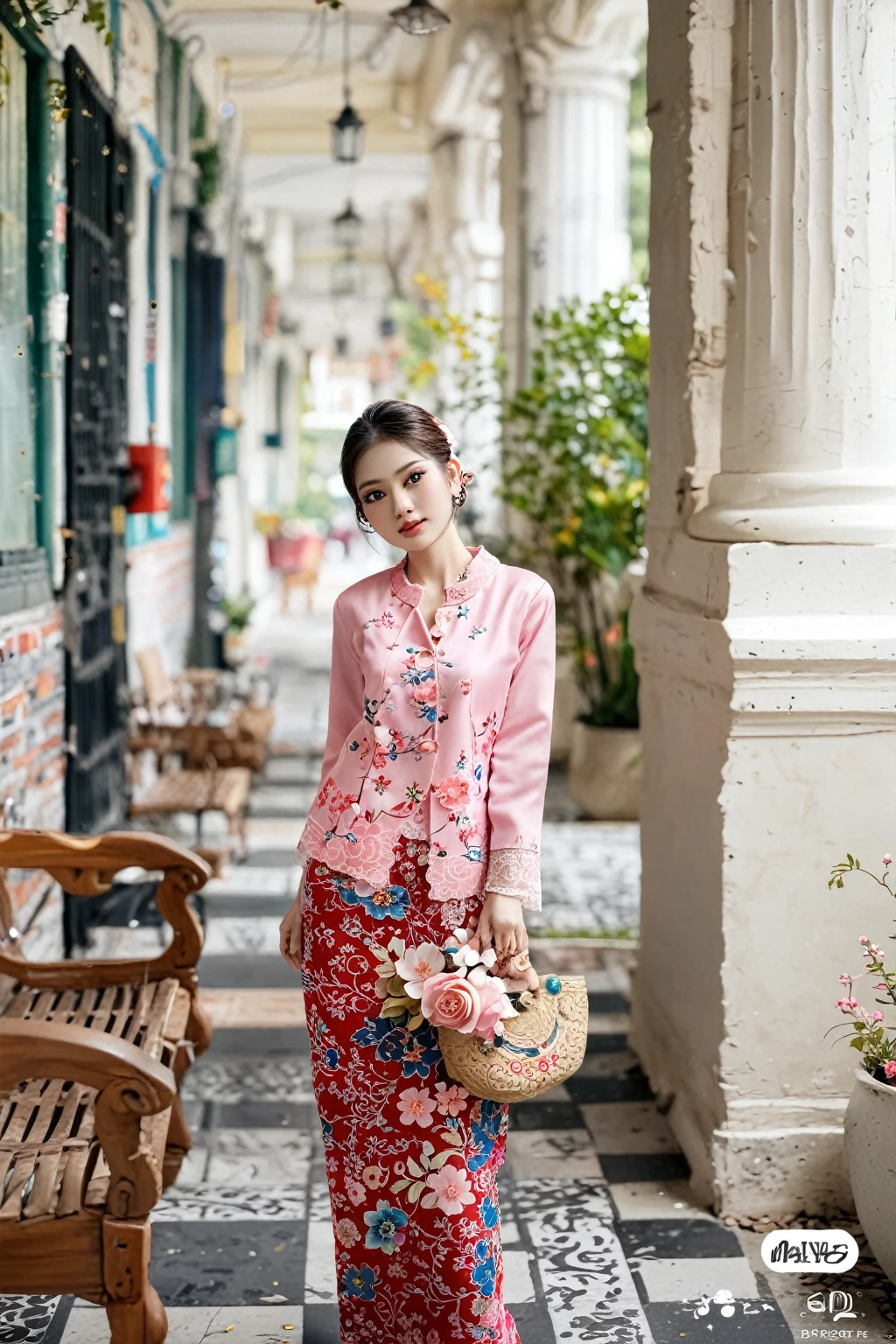 身穿粉色Malaysia娘惹传统衣服，Malaysia，Traditional clothing, Traditional Clothing， Traditional Nyonya clothing, , Traditional Beauty, Wearing a pink floral coat, Wearing gorgeous lace clothes, 1.【Three View】whole body，Generate three views，First front view Second side view，Third rear view
2.【style】泡泡玛特style3.【Subject Description】Girl IP characters，Beautiful bright big eyes，Exquisite features，
4.【Material】Entity Model，Blind Box Toys，Smooth and delicate，3D dyeing，OC Rendering，glowing body，Soft Light，Clean background，Borderless，8K，HD，Super noise reduction，Highest quality，Super high quality home 5.【size】--ar 16:9