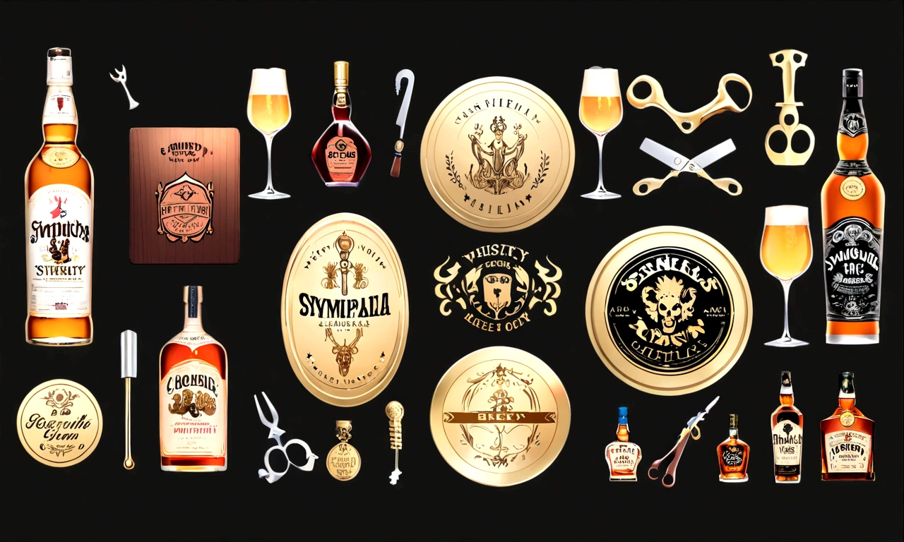 beer,logo,corkscrew,wine,whisky,rum,gold and blue,simple backgrpund,black background,symmetrical