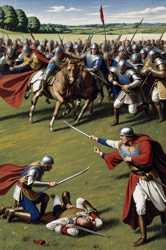 Henry VII fighting and winning the Battle of Bosworth Field