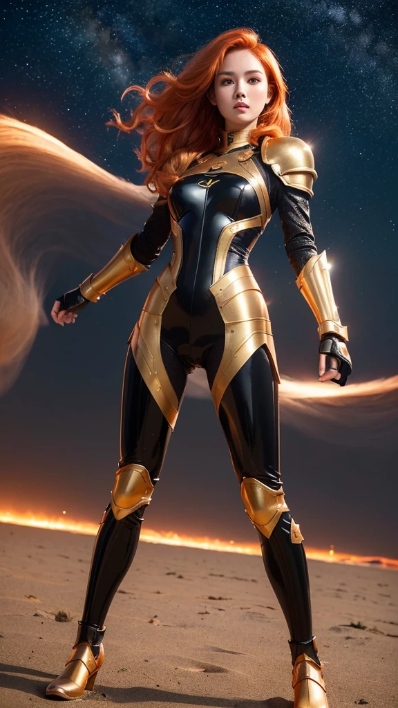 ((best quality)), ((masterpiece)), ((full body photograph)), ultra details armor, ultra details skin, sharp armor texture, crisp picture, indonesian girl, 20 years old, extremely beautiful, slim face, ((full make ups)), ((pink blush)), ((red lips)), ((long wavy orange hair)), ((orange hair)), ((hair blown by strong winds)), ((wearing tight steel-armor)), full steel armor, ((tight latex panty)), ((thighs armor)), ((slim body shape)), ((gold and black armor)), no head cover, ((symmetrical body pose)), epic lights details, night at beach, full of stars, nebula sky, full moon, shooting stars, from below