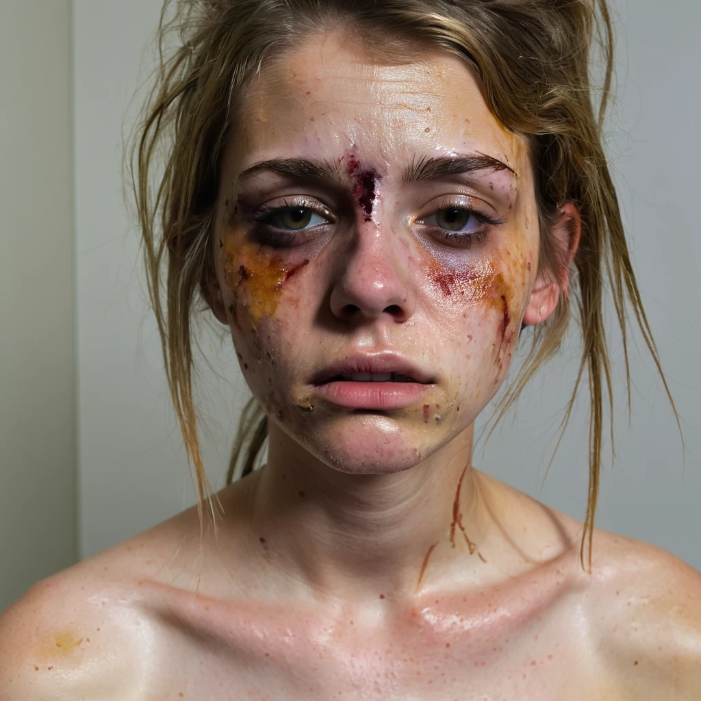 18 year old drug addict whore with young face, naked, many bruises, bruised, bruises, focus on face