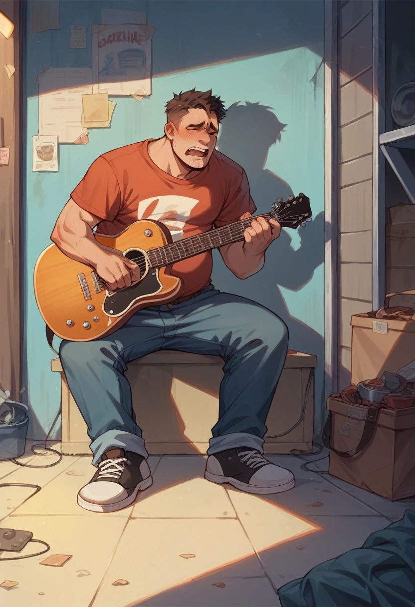 Sad man playing guitar singing in a garage at night