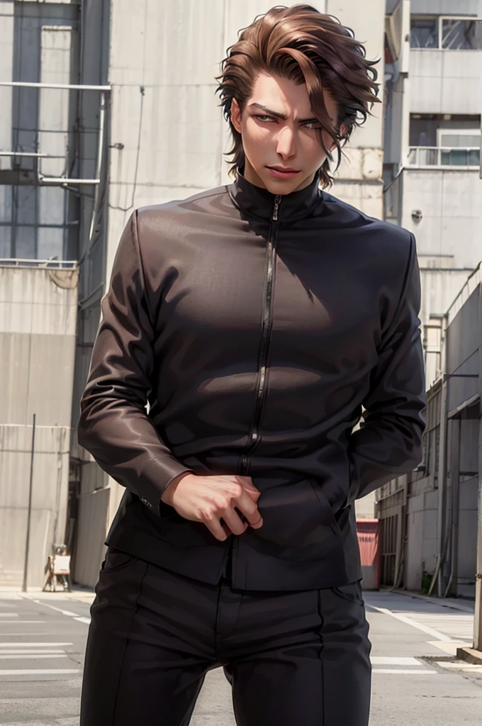black winter male overcoat black clothing,(masterpiece, best quality:1.2), cowboy shot, solo, male focus, 1boy, looking at viewer,dark formal suit, black formal outfit, black coat, walking straight,(photorealistic:1.4), (masterpiece, sidelighting, finely detailed beautiful eyes: 1.2),black leather gloves,masterpiece, best quality, ultra high res, highly detailed, Aizen, looking for the viewer, (brown hair),