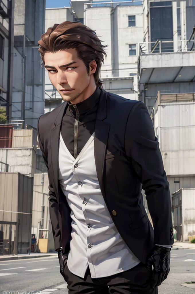 black winter male overcoat black clothing,(masterpiece, best quality:1.2), cowboy shot, solo, male focus, 1boy, looking at viewer,dark formal suit, black formal outfit, black coat, walking straight,(photorealistic:1.4), (masterpiece, sidelighting, finely detailed beautiful eyes: 1.2),black leather gloves,masterpiece, best quality, ultra high res, highly detailed, Aizen, looking for the viewer, (brown hair),