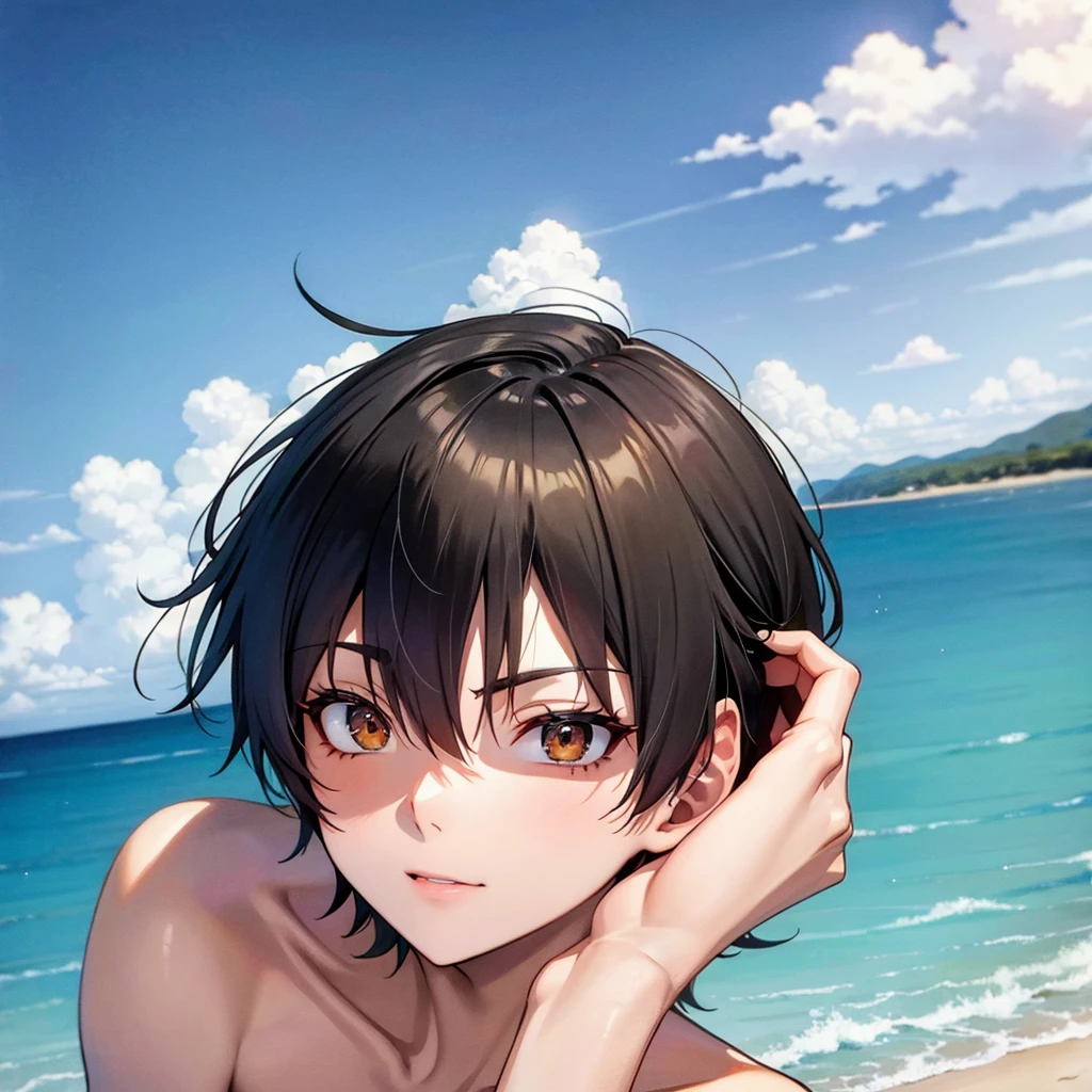high res, Tobio Kageyama ,haikyuu!!, black hair, solo, 1boy, male, beach, sea, outside, detailed eyes, close up, beach volleyball, full face