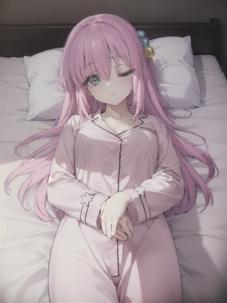 history, hitori gotou, blue eyes, cube hair ornament, hair between eyes, hair ornament, pink hair, (one side up:1.2), long hair, large breasts, Cleavage, BREAK,

(a girl sleeping on bed:1.5),(lying back down:1.1),(nether region:1.3),(closed eyes:1.2),(troubled eyebrows:1.2),(from above:1.3),(oversized long sleeves pink pajamas:1.3),(bed room:1.3),
BREAK looking at viewer, (cowboy shot:1.5),
BREAK (masterpiece:1.2), best quality, high resolution, unity 8k wallpaper, (illustration:0.8), (beautiful detailed eyes:1.6), extremely detailed face, perfect lighting, extremely detailed CG, (perfect hands, perfect anatomy),