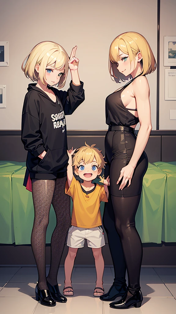 two sexy women looking down at 4 years old boy with blonde hair and shorts, women touch behind of boy's head, women have flirtatious smiles