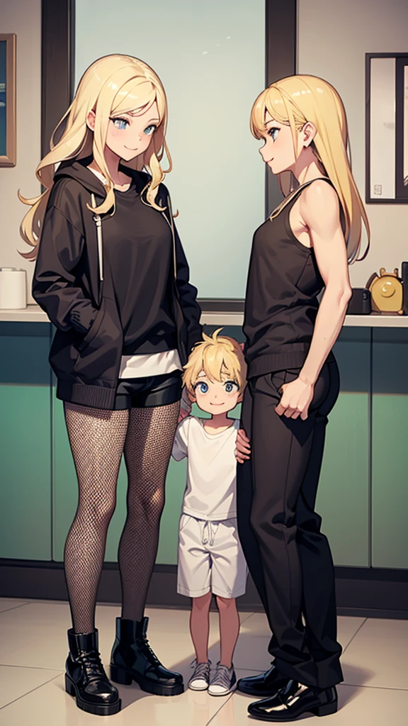 two sexy women looking down at 4 boy with blonde hair and shorts, women touch behind of boy's head, women have flirtatious smiles