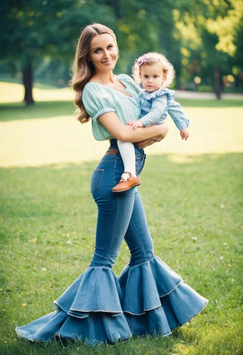 young mother with daughter in jeans with flounce in park,  19th century photo, deep focus, vintage film grain, color correction retro style, soft lighting,