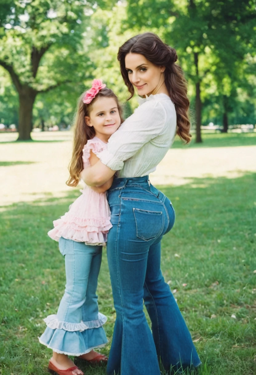 young mother with daughter in jeans with flounce in park,  19th century photo, deep focus, vintage film grain, color correction retro style, soft lighting,