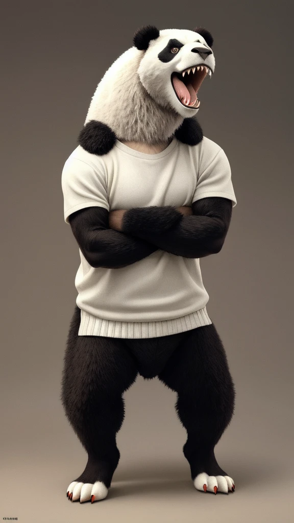 a dinosaur with the arms of a man and the legs of a panda