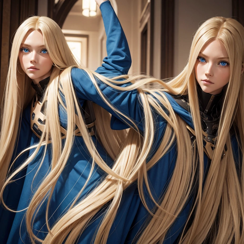 humanoid female, long blonde hair blue eyes 6 foot seven inch, 38 24 36