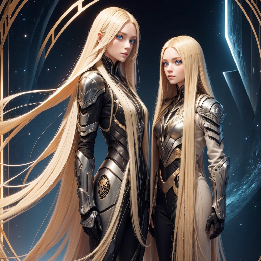 humanoid female, long blonde hair blue eyes 6 foot seven inch, 38 24 36