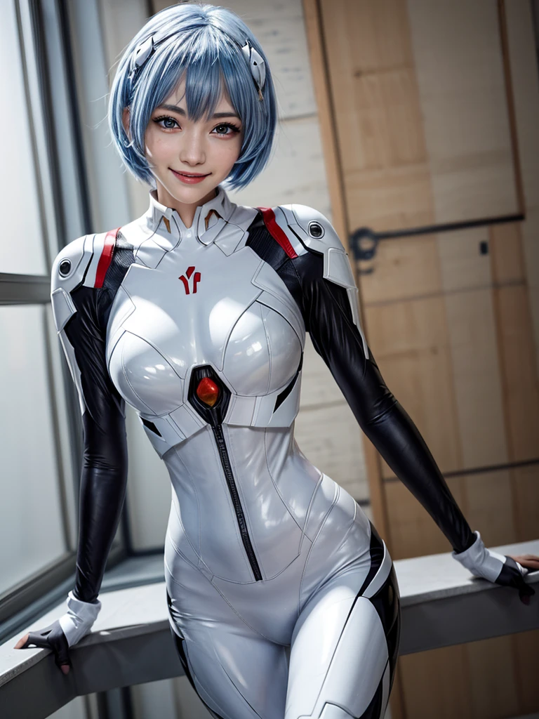 Masterpiece, highest quality, 8K, detailed skin texture, fine cloth texture, beautiful detailed face, intricate details, super detailed, portrait of Rei Ayanami, blue hair, red eyes, looking far away, no background, Evangelion Wearing a plug suit when riding, plug suit, whole body visible, standing, arms crossed, 15 years old, beautiful, cute, great style, smiling,composition that shows the whole body,