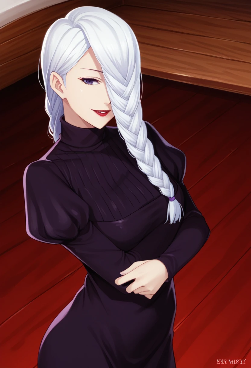 score_9_up, score_8_up, score_7_up, 1girl, solo, mature female, mei mei, looking at viewer, white hair, braid, hair over one eye, half closed eye, braided ponytail, braided bangs, purple eye, red lips, parted lips, naughty smile, long sleeves, dress, puffy sleeves, black dress, juliet sleeves, turtleneck dress,((yacht cabin)), night time, standing tall in seductive pose, showing red thong under her dress(((dress up)))