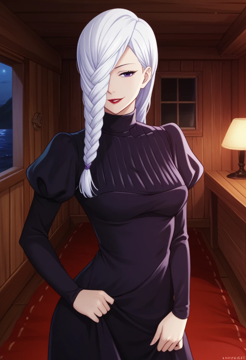 score_9_up, score_8_up, score_7_up, 1girl, solo, mature female, mei mei, looking at viewer, white hair, braid, hair over one eye, half closed eye, braided ponytail, braided bangs, purple eye, red lips, parted lips, naughty smile, long sleeves, dress, puffy sleeves, black dress, juliet sleeves, turtleneck dress,((yacht cabin)), night time, standing tall in seductive pose, showing red thong under her dress(((dress up)))