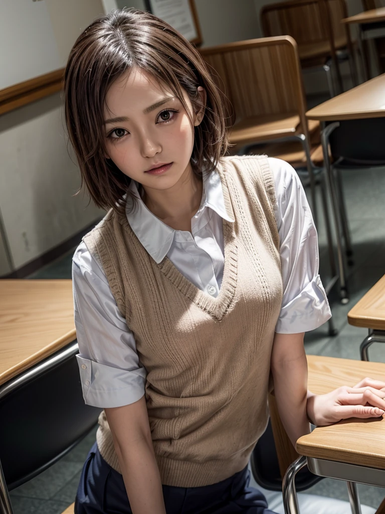 Masterpiece, Top Quality, Top Mikoto, brown eyes, short hair, small breasts, looking at viewer, alone, closed mouth, collared shirt, beige knit vest, dark blue  Skirt, school_uniform, shirt, white_shirt, classroom,Masterpiece, highest quality, 8K, detailed skin texture, fine cloth texture, beautiful detailed face, intricate details, super detailed,cute,cute posing,composition that shows the whole body,