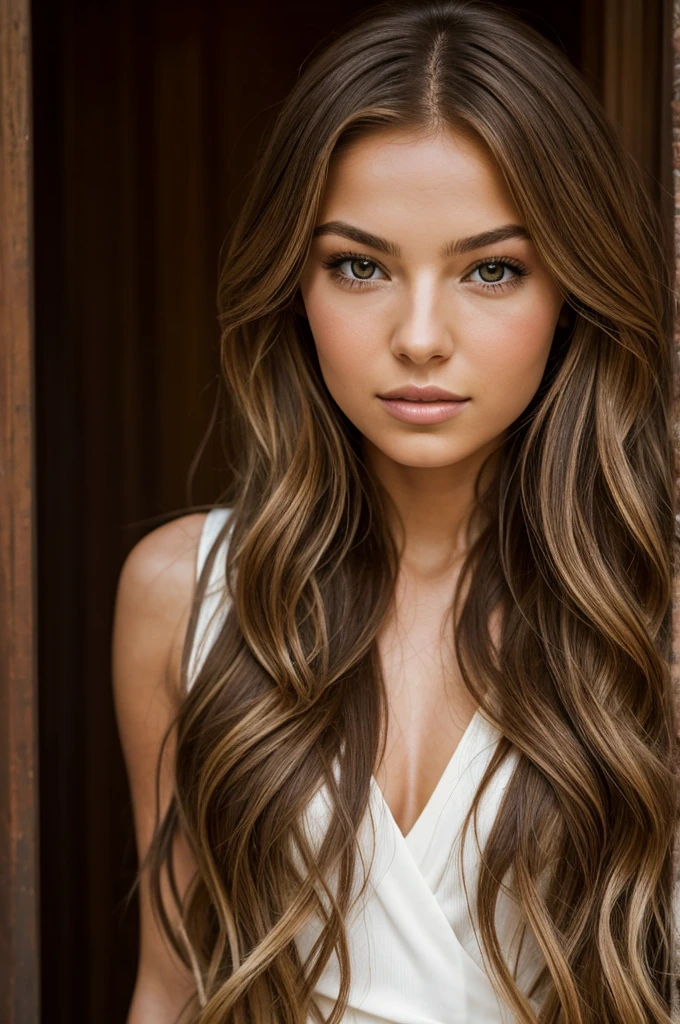 A photorealistic portrait of a 25-year-old italian girl like ester exposito with long, flowing brown hair and striking hazeleyes. She should have a natural, approachable expression and be illuminated by soft, sunlight. The background should be a scenic indoor setting, chamber. Capture this image with a high-resolution photograph using an 85mm lens for a flattering perspective