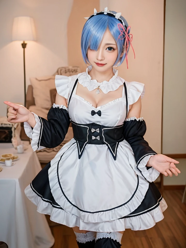 (8K, Photorealistic, Raw photo, of the highest quality: 1.3), (1girl in), Super beautiful, (Realistic face), (boyish, light blue Color Berry Shorthair),(8K, Photorealistic, Raw photo, of the highest quality: 1.3), (1girl in), Super beautiful, (Realistic face), (boyish, pink Color Berry Shorthair), Beautiful , Glare that captivates the viewer, Beautiful expression, Beautiful breasts, (Realistic skin), Be...Create a detailed and colorful image of Ram and Rem from Re:Zero, standing back-to-back in their maid outfits, with a magical fantasy background、14years old, two girls,cute, perfect face, beautiful, nice body, gothic lolita clothes, gothic lolita fashion, frilly skirt, headdress, necklace, bracelet, knee-high socks, boots, double eyelids, tear bags, Detailed down to the fingers, photo-like description, indoors, dim indoor lighting, one girl is pink hair and short bob, another girl is light blue hair and short bob,standing, whole body, composition that shows the whole body, smiling,The Both of them are wearing the same type of maid outfit