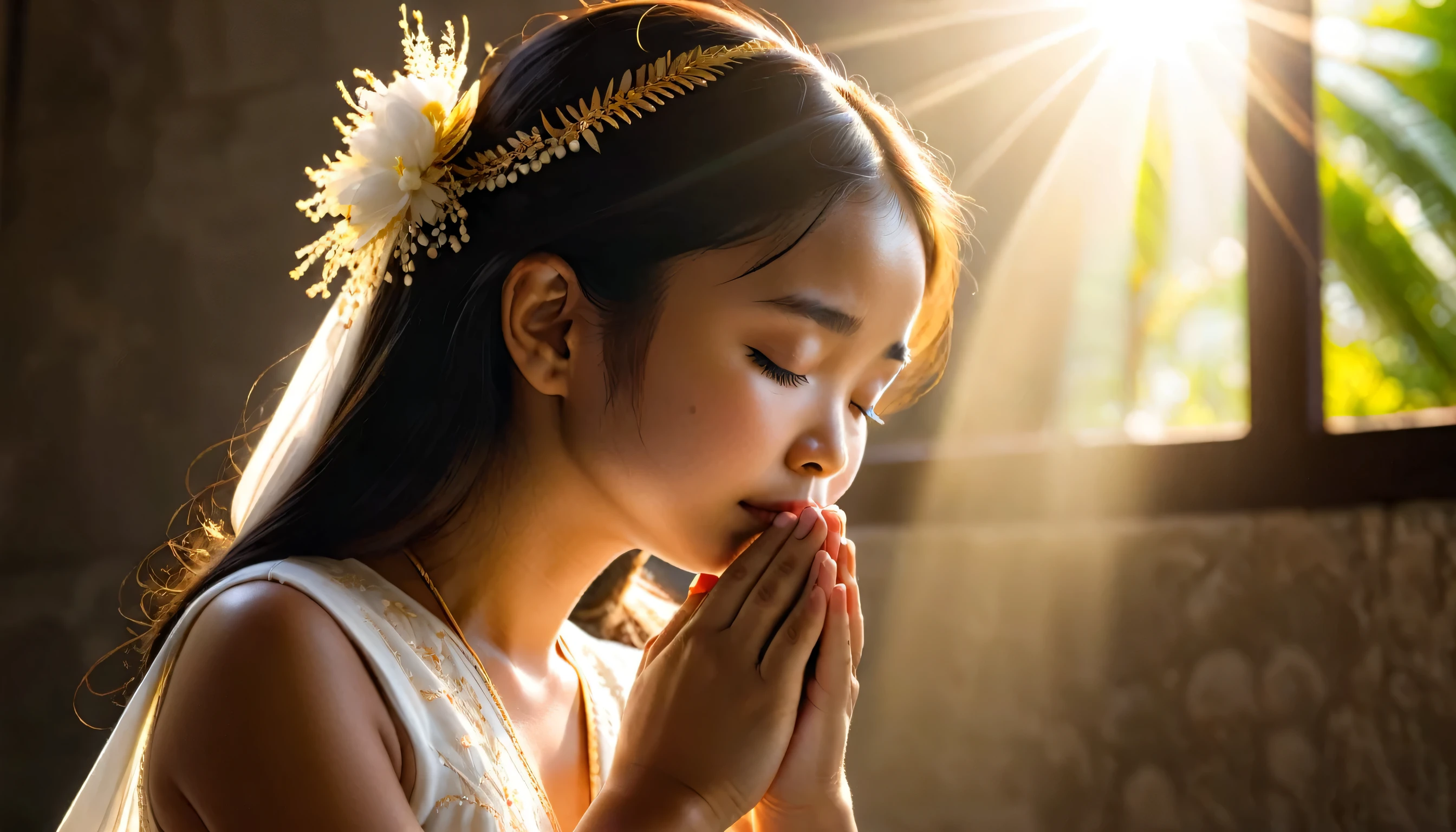 a year old FILIPINA woman in profile has her hands together praying, she is on her knees praying with her eyes closed, LIT WITH SUNLIGHT, ULTRA REALISTIC IMAGE, The style is a realistic photograph using a 50mm lens in 8k and applying contrast, 8K --ar 16:9 --s 1000