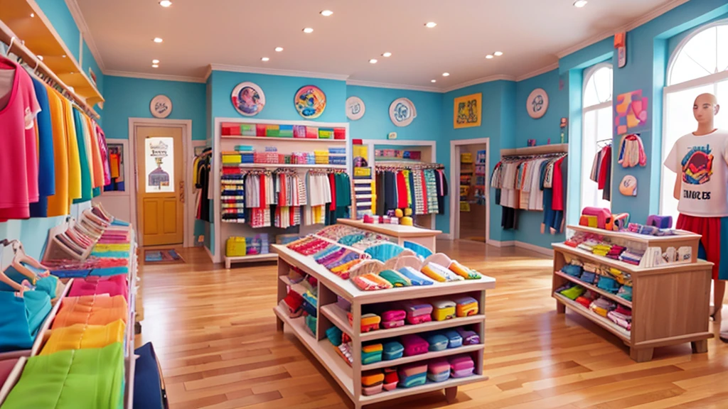 A t-shirt store seen from the inside, cartoon style with many colors