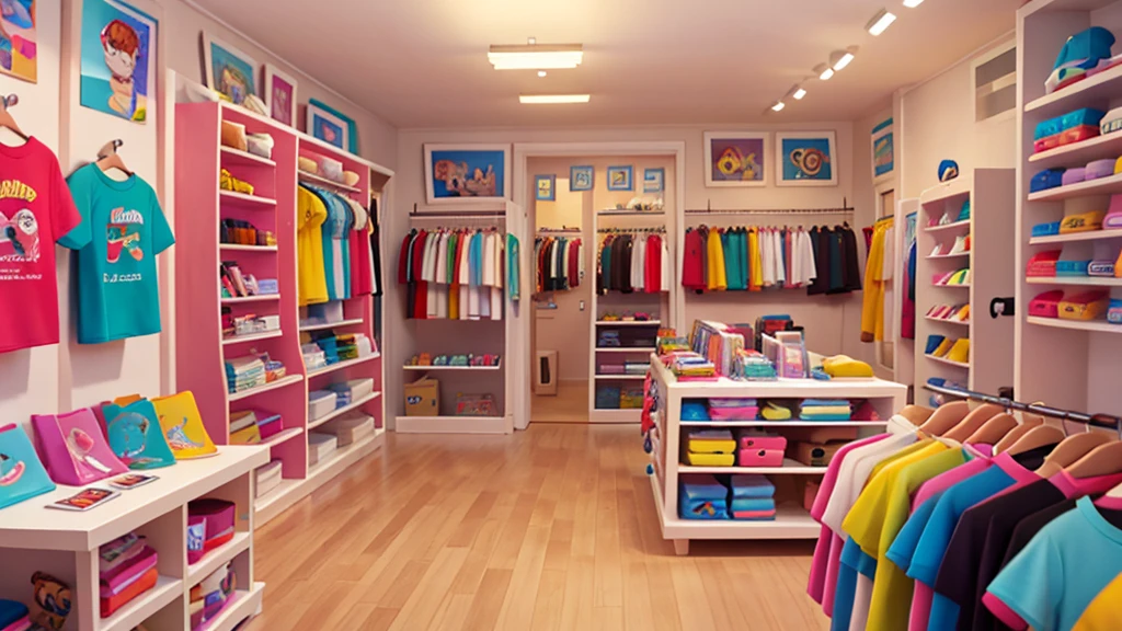 A t-shirt store seen from the inside, cartoon style with many colors