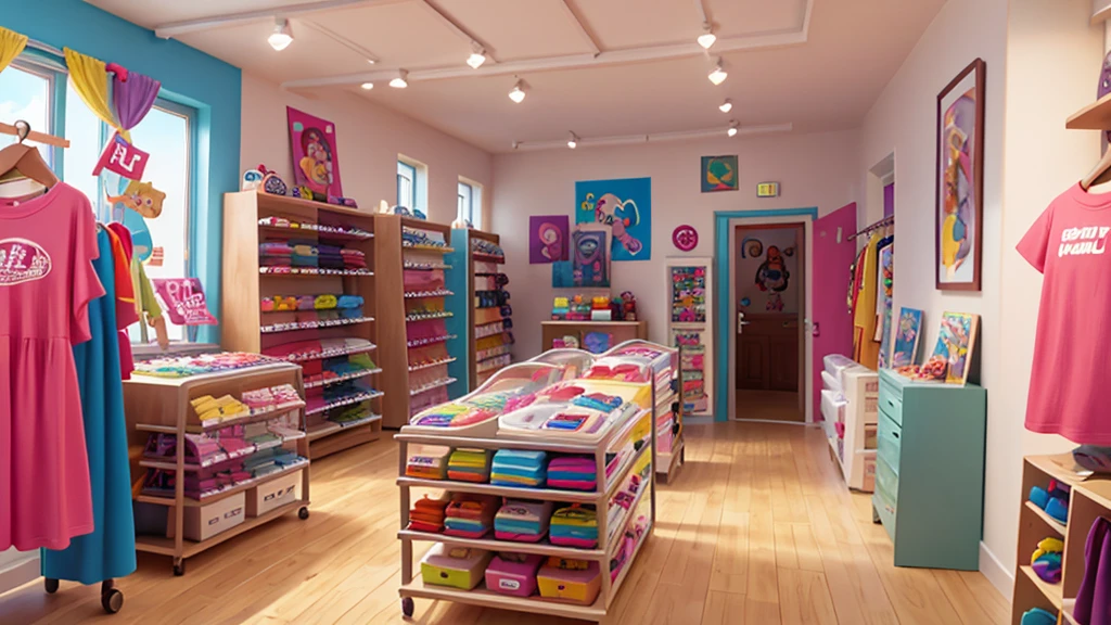 A t-shirt store seen from the inside, cartoon style with many colors