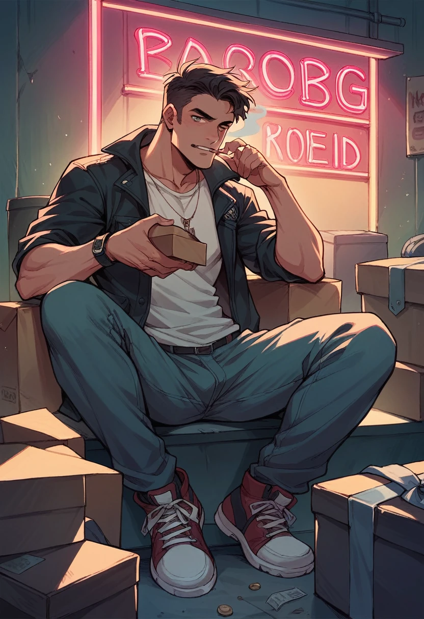 Man smoking sitting on a box in a dark garage with neon lights