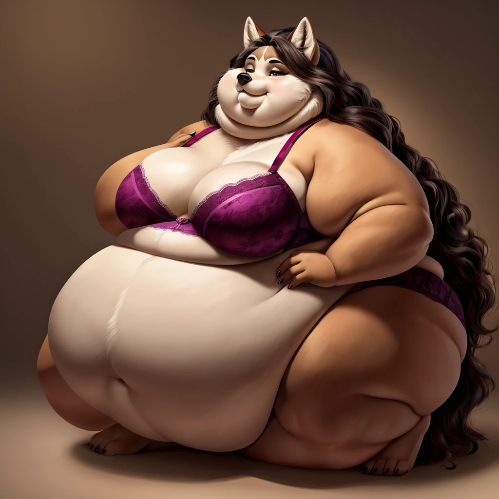 Wolf, female, long hair, huge belly, morbidly obese, fat arms, fat legs, saggy breasts, belly overhang, fat calves,fat neck, chubby cheeks, double chin, corpulent, massive body, gorgeous, beautiful, eyelashes,fat body, corpulent,bra